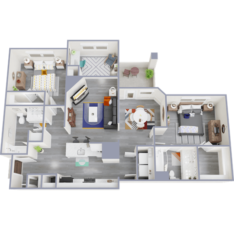 3d furnished floor plan of a 1 bedroom apartment